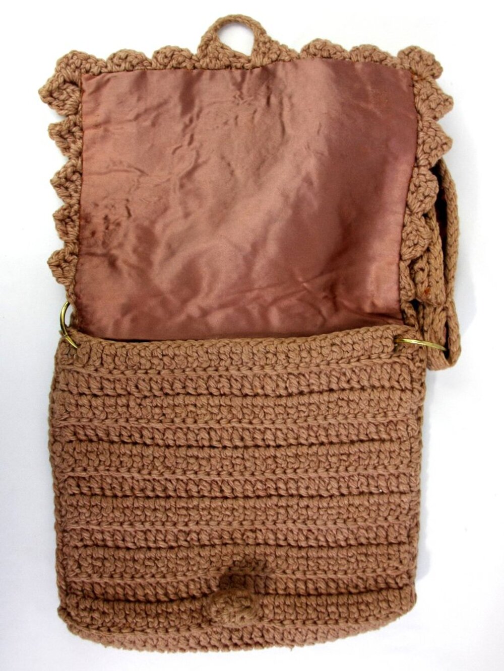 Vintage Handmade Crocheted Knit Envelope Handbag Shoulder Bag Purse Brown 1970s - Picture 9 of 11